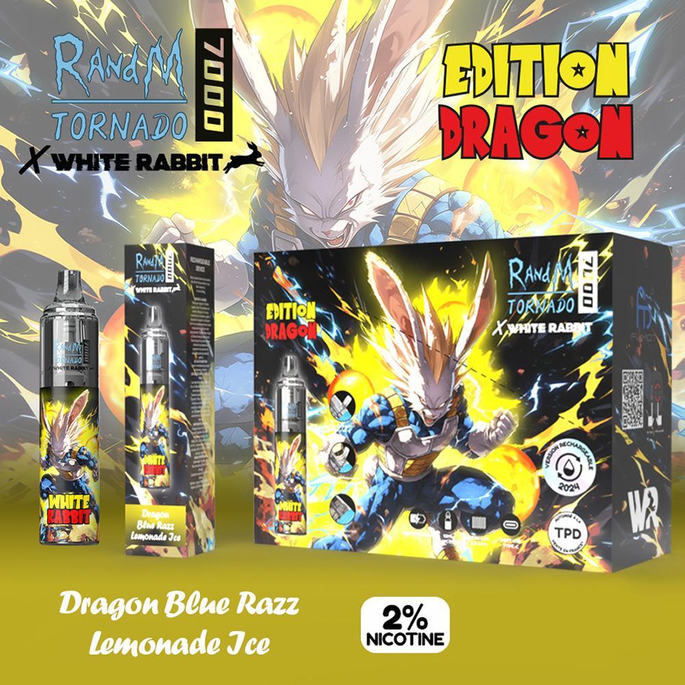White Rabbit RandM Tornado 7000 puffs rechargeable 2% nicotine saveur Dragon Blue Razz Lemonade Ice